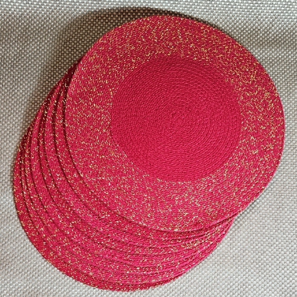 Set Of 8 Placemats Braided Gold Foil Cotton Red 14¾" Dia
